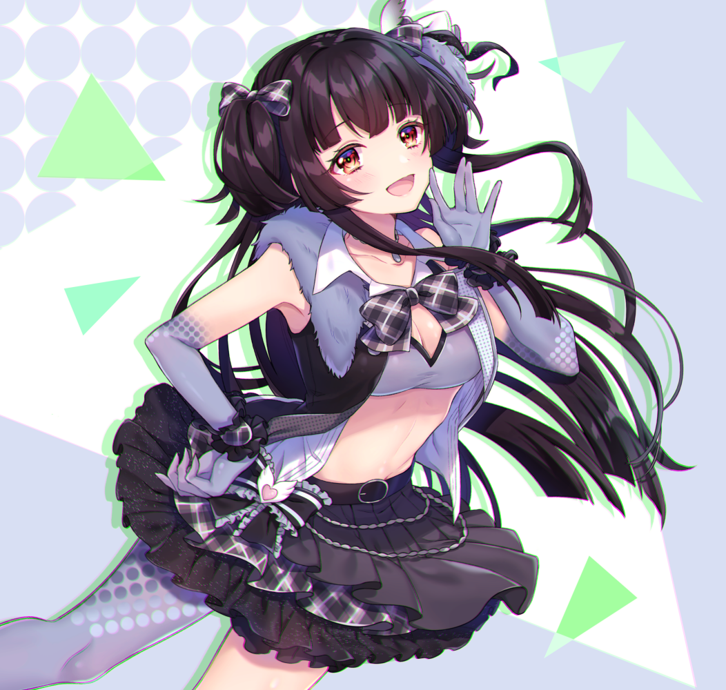 1girl bangs bare_shoulders belt black_hair black_skirt blunt_bangs bow breasts brown_eyes cleavage commentary_request cowboy_shot dress dutch_angle elbow_gloves eyebrows_visible_through_hair gloves hair_bow idolmaster idolmaster_shiny_colors large_breasts long_hair looking_at_viewer mayuzumi_fuyuko open_mouth plaid single_leg_pantyhose skirt smile solo standing triangle two_side_up usano