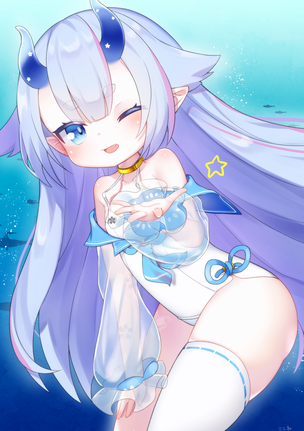 1girl ;d asymmetrical_legwear azur_lane bangs bare_shoulders blue_eyes blue_hair blush commentary_request day eyebrows_visible_through_hair fang hair_flaps highres horns i-13_(azur_lane) koko_ne_(user_fpm6842) long_hair long_sleeves looking_at_viewer off_shoulder one-piece_swimsuit one_eye_closed open_mouth outdoors puffy_long_sleeves puffy_sleeves ribbon-trimmed_legwear ribbon_trim see-through see-through_sleeves short_eyebrows single_thighhigh sleeves_past_wrists smile solo star swimsuit thick_eyebrows thigh-highs underwater very_long_hair water white_legwear white_swimsuit
