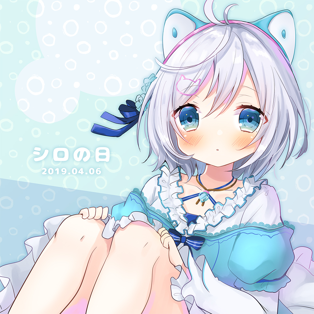 1girl :o animal_ears antenna_hair bangs blue_bow blue_eyes blue_skirt blush bow cat_hair_ornament collarbone commentary_request dated dennou_shoujo_youtuber_shiro dress eyebrows_visible_through_hair fake_animal_ears hair_between_eyes hair_ornament hairclip hands_on_own_knees hinanosuke long_sleeves off_shoulder parted_lips puffy_short_sleeves puffy_sleeves shiro_(dennou_shoujo_youtuber_shiro) short_over_long_sleeves short_sleeves silver_hair sitting skirt solo virtual_youtuber white_dress