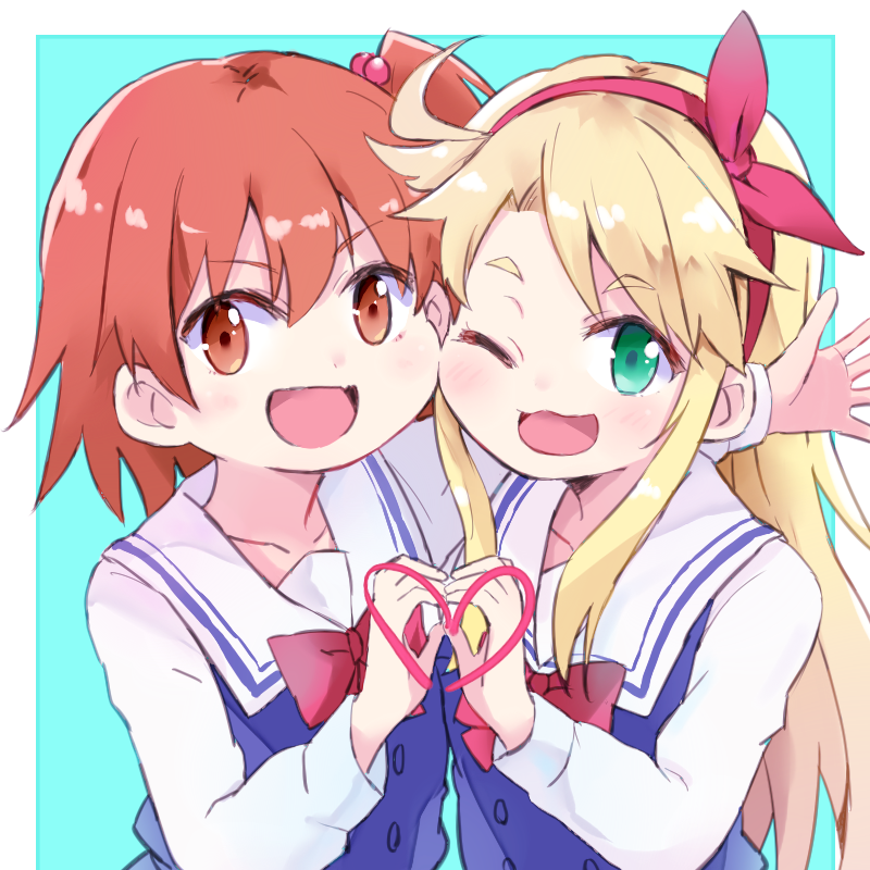 2girls aqua_background arm_around_shoulder blonde_hair bow brown_eyes brown_hair cheek_press collarbone green_eyes hair_bow headband heart heart_hands heart_hands_duo himesaka_noa hoshino_hinata hug long_hair looking_at_viewer maromi_(am97) multiple_girls one_eye_closed open_mouth school_uniform side-by-side simple_background smile watashi_ni_tenshi_ga_maiorita!