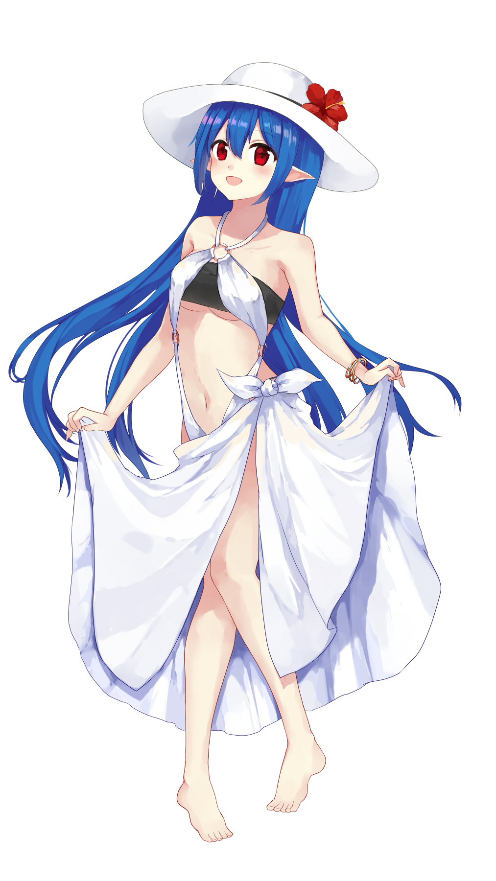 1girl barefoot black_bikini_top blue_hair bracelet breasts character_request collarbone floating_hair flower full_body hat hat_flower hibiscus highres jewelry kinatsu_ship long_hair medium_breasts phantasy_star phantasy_star_online_2 pointy_ears red_eyes red_flower sarong shiny shiny_hair simple_background skirt_hold solo standing strapless strapless_bikini sun_hat under_boob very_long_hair white_background white_headwear