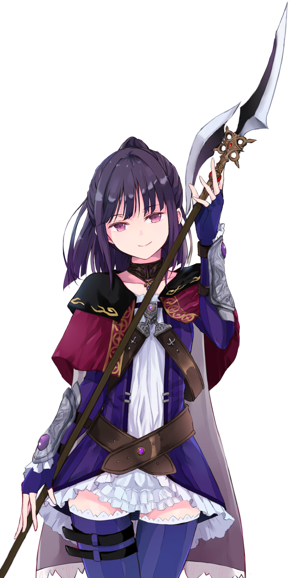1girl atelier_(series) atelier_totori black_hair brown_eyes capelet cowboy_shot dress elbow_gloves fingerless_gloves gloves head_tilt high_ponytail highres holding_polearm long_hair looking_at_viewer maromi_(am97) mimi_houllier_von_schwarzlang purple_gloves purple_legwear red_capelet shiny shiny_hair short_dress simple_background solo standing thigh-highs thigh_strap white_background zettai_ryouiki