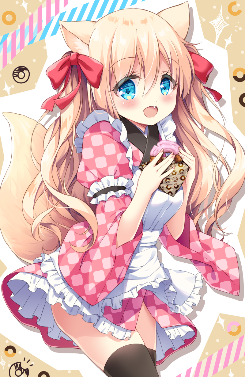 1girl :d animal_ear_fluff animal_ears apron bangs black_legwear blonde_hair blue_eyes blush bow breasts commentary_request copyright_request diagonal_stripes doughnut eyebrows_visible_through_hair fang food fox_ears fox_girl fox_tail frilled_apron frilled_kimono frills hair_between_eyes hair_bow highres holding holding_food japanese_clothes juliet_sleeves kimono long_hair long_sleeves looking_at_viewer maid_apron open_mouth pink_kimono print_kimono puffy_sleeves red_bow satsuki_yukimi small_breasts smile solo sparkle star striped tail tail_raised thigh-highs unmoving_pattern very_long_hair white_apron wide_sleeves