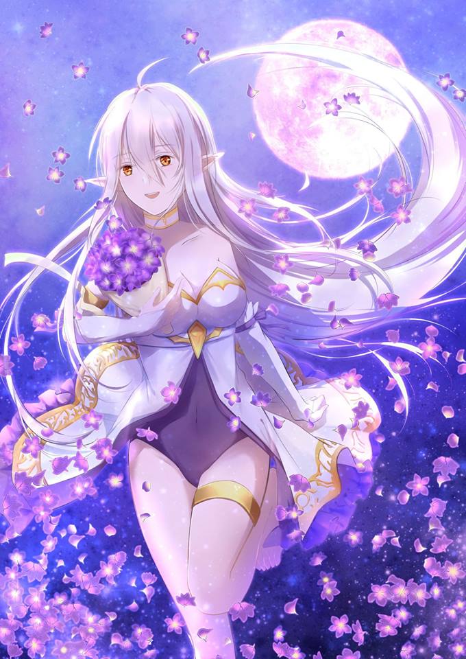 1girl barefoot bouquet breasts bridal_gauntlets chinese_commentary cleavage collar collarbone covered_navel detached_sleeves elf flower full_moon langrisser large_breasts leotard long_hair moon night night_sky open_mouth orange_eyes pointy_ears purple_flower showgirl_skirt sky smile solo strapless strapless_leotard thigh_strap very_long_hair white_hair xiao_yung_lin zerida