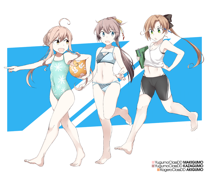 3girls akigumo_(kantai_collection) aqua_swimsuit bike_shorts bikini black_ribbon blue_background border breasts brown_hair casual_one-piece_swimsuit character_name double_bun eyebrows_visible_through_hair eyewear_removed full_body glasses green_eyes grey_eyes grey_swimsuit hair_between_eyes hair_ribbon kantai_collection kazagumo_(kantai_collection) long_hair makigumo_(kantai_collection) mole multiple_girls one-piece_swimsuit open_mouth pencil pink_hair pointing ponytail ribbon sketchbook small_breasts smile souji swimsuit swimsuit_under_clothes twintails walking white_border