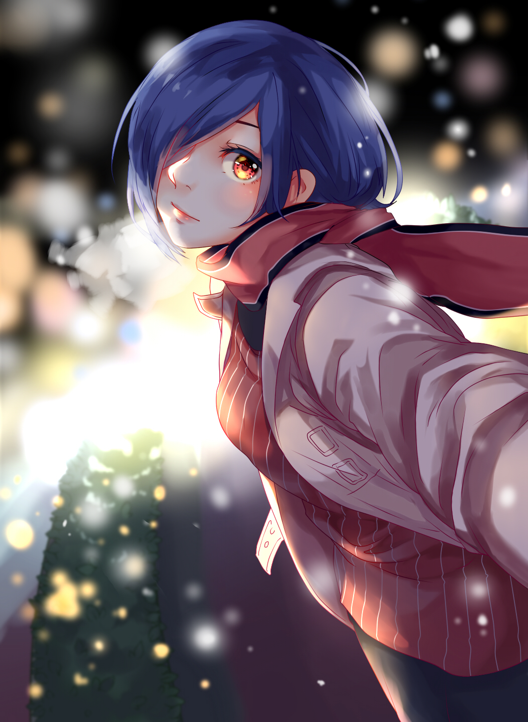 1girl alternate_costume bangs black_legwear black_scarf blue_hair blurry blurry_background breasts bush commentary_request cowboy_shot from_side g4265059 grey_jacket hair_over_one_eye highres jacket kirishima_touka lights long_sleeves looking_at_viewer medium_breasts outdoors pants pink_scarf red_eyes red_sweater scarf short_hair snow solo striped striped_sweater sweater tokyo_ghoul winter_clothes