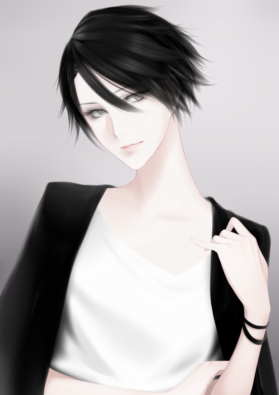 1girl black_hair black_jacket bracelet erise eyelashes grey_eyes grey_hair head_tilt highres jacket jacket_on_shoulders jewelry lips long_neck looking_away original pale_skin short_hair simple_background solo upper_body