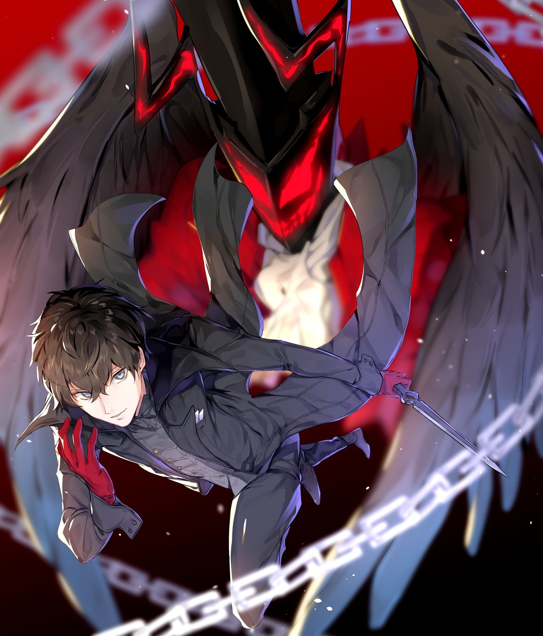 1boy amamiya_ren black_footwear black_hair black_jacket black_legwear commentary_request eyebrows_visible_through_hair from_above gloves hair_between_eyes highres holding holding_sword holding_weapon jacket long_sleeves looking_at_viewer male_focus pants persona persona_5 red_gloves shirt shoes short_hair smile susuke_su sword weapon