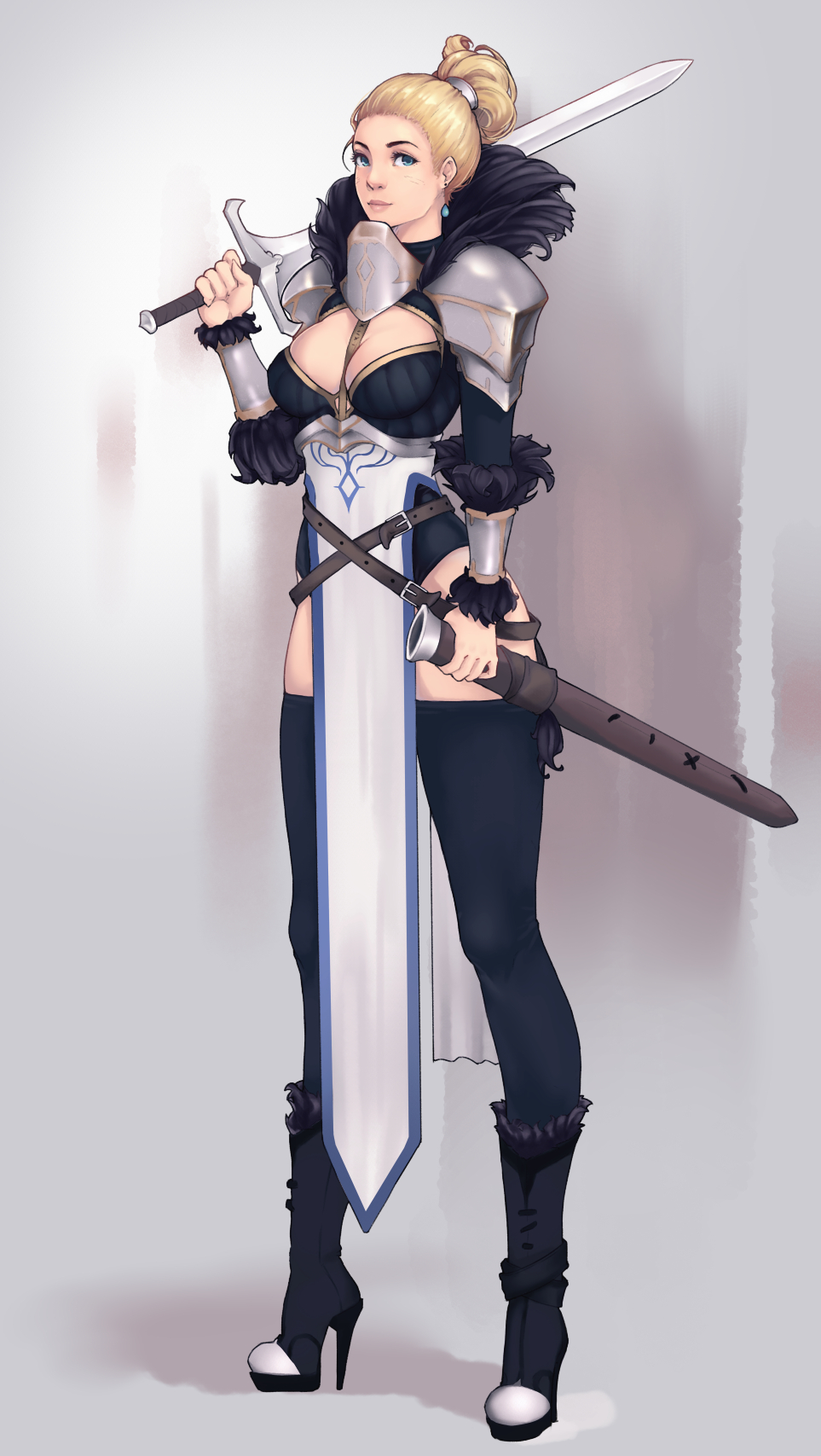 1girl armband belt between_breasts black_footwear black_legwear black_leotard blonde_hair blue_eyes boots breasts cleavage cleavage_cutout dulapda earrings feather_collar feathers hair_ornament high_heel_boots high_heels high_ponytail highres holding holding_sword holding_weapon jewelry knight large_breasts leotard looking_at_viewer loose_belt medium_hair original pelvic_curtain sheath shoulder_armor solo sword thigh-highs weapon