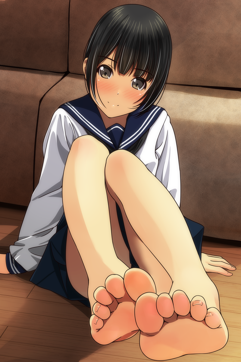 1girl bare_legs barefoot black_eyes black_hair feet highres matsunaga_kouyou original pleated_skirt school_uniform serafuku short_hair sitting skirt smile solo toes