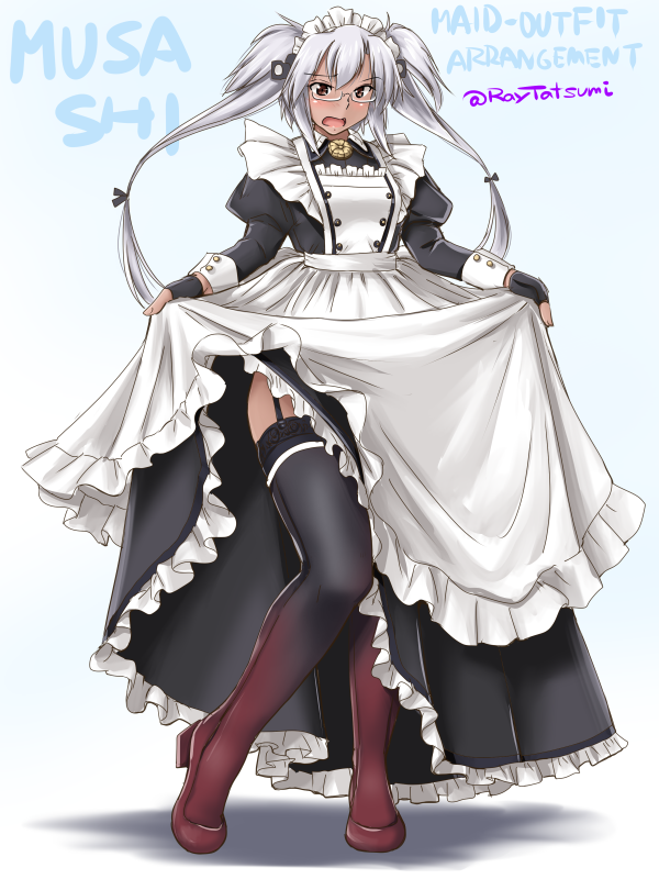 1girl alternate_costume apron black_dress boots brown_eyes dark_skin dress enmaided full_body garter_straps glasses grey_hair kantai_collection long_sleeves maid maid_apron maid_headdress musashi_(kantai_collection) puffy_long_sleeves puffy_sleeves remodel_(kantai_collection) semi-rimless_eyewear solo standing tatsumi_ray thigh-highs thigh_boots twintails under-rim_eyewear white_apron wrist_cuffs