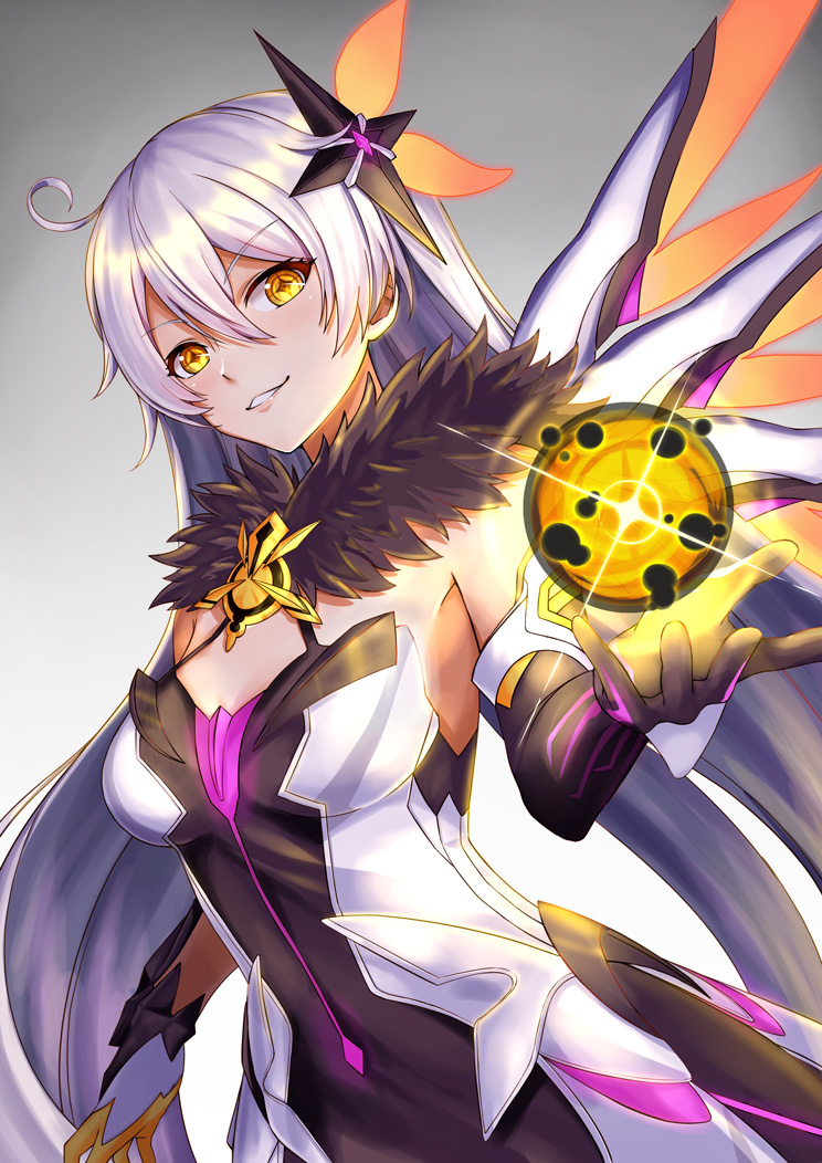 1girl ahoge armor armored_dress bangs bare_shoulders breasts charging dark_persona diamond-shaped_pupils dress elbow_gloves energy_wings eyebrows_visible_through_hair floating_weapon fur_collar glint gloves glowing gradient gradient_background grin hair_between_eyes hair_ornament honkai_(series) honkai_impact_3 jewelry kelinch1 kiana_kaslana kiana_kaslana_(herrscher_of_the_void) long_hair looking_at_viewer medium_breasts polearm sidelocks silver_hair simple_background single_elbow_glove smile solo spear symbol-shaped_pupils thigh-highs upper_body very_long_hair weapon yellow_eyes