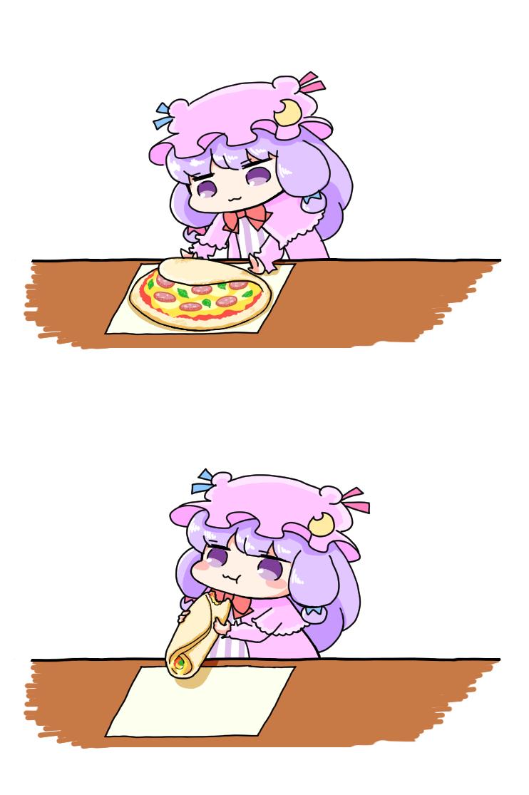 1girl 2koma :3 ajitsuki blue_ribbon blush_stickers bow bowtie capelet chibi comic commentary_request crescent crescent_moon_pin eating food hat hat_ribbon long_hair long_sleeves mob_cap patchouli_knowledge pizza purple_hair red_bow red_neckwear red_ribbon ribbon simple_background sketch solo table touhou violet_eyes white_background