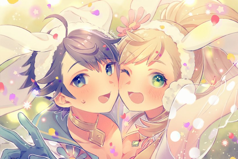 1boy 1girl 566zzz alfonse_(fire_emblem) animal_ears artist_name blonde_hair blue_eyes blue_gloves blue_hair blush brother_and_sister earmuffs fake_animal_ears fire_emblem fire_emblem_heroes flower gloves green_eyes hair_flower hair_ornament long_hair nintendo one_eye_closed open_mouth petals ponytail rabbit_ears see-through sharena siblings