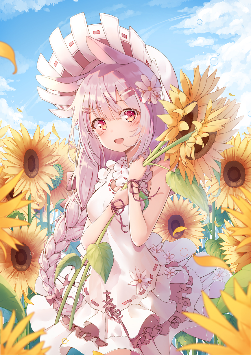 1girl :d animal_ears armpit_crease bangs bare_arms bare_shoulders blue_sky blurry blurry_foreground blush bow braid breasts bubble cleavage clouds cloudy_sky cowboy_shot day depth_of_field detached_collar dress eyebrows_visible_through_hair flower hair_bow hair_flower hair_ornament hairclip hat highres holding holding_flower long_hair looking_at_viewer medium_breasts momingie open_mouth original outdoors rabbit_ears red_eyes revision ribbon ribbon_trim silver_hair single_braid sky sleeveless sleeveless_dress smile solo sunflower tareme very_long_hair white_dress white_flower white_headwear wrist_ribbon