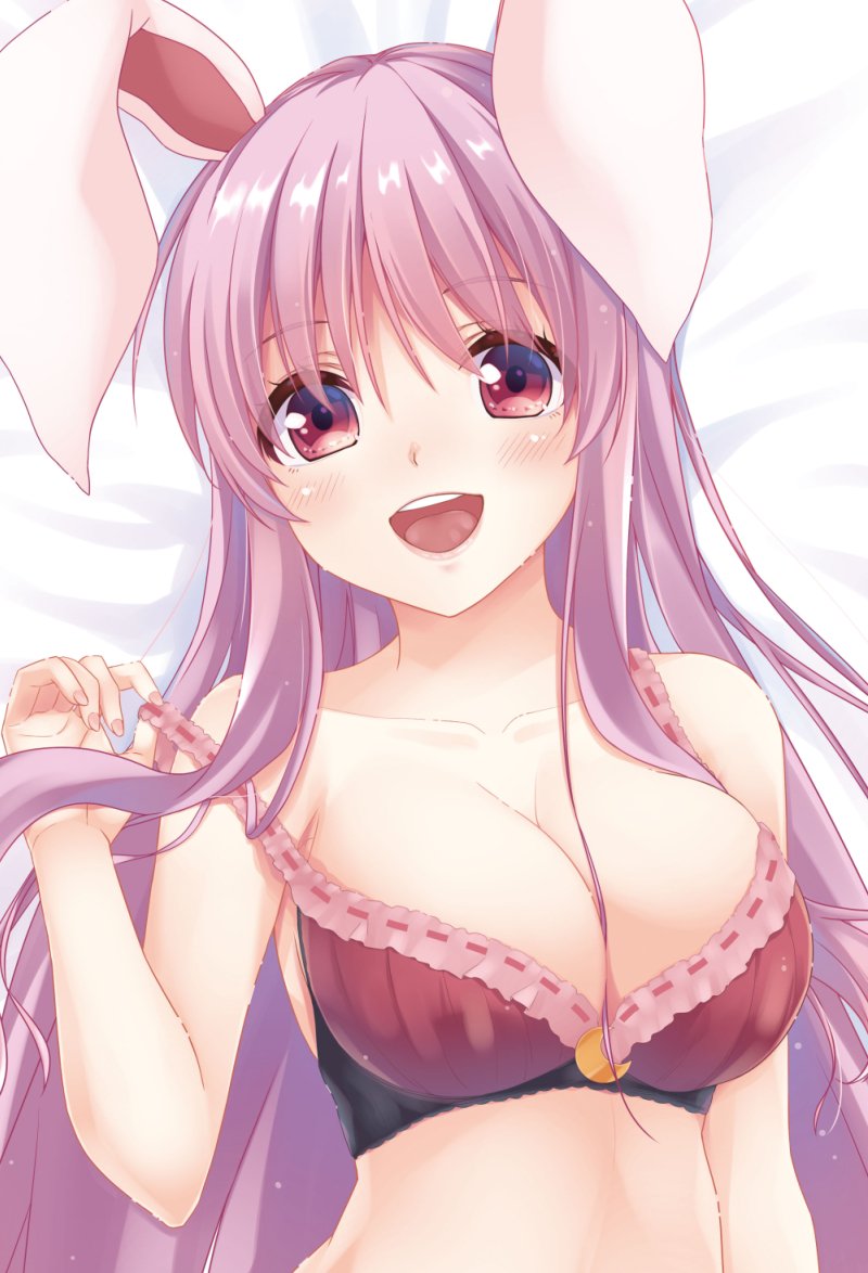 1girl :d animal_ears bangs bare_arms bare_shoulders bed_sheet blush bra breasts collarbone eyebrows_visible_through_hair hair_between_eyes hand_up kue large_breasts long_hair looking_at_viewer lying on_back open_mouth purple_bra purple_hair rabbit_ears red_eyes reisen_udongein_inaba sidelocks smile solo stomach strap_pull touhou underwear upper_body