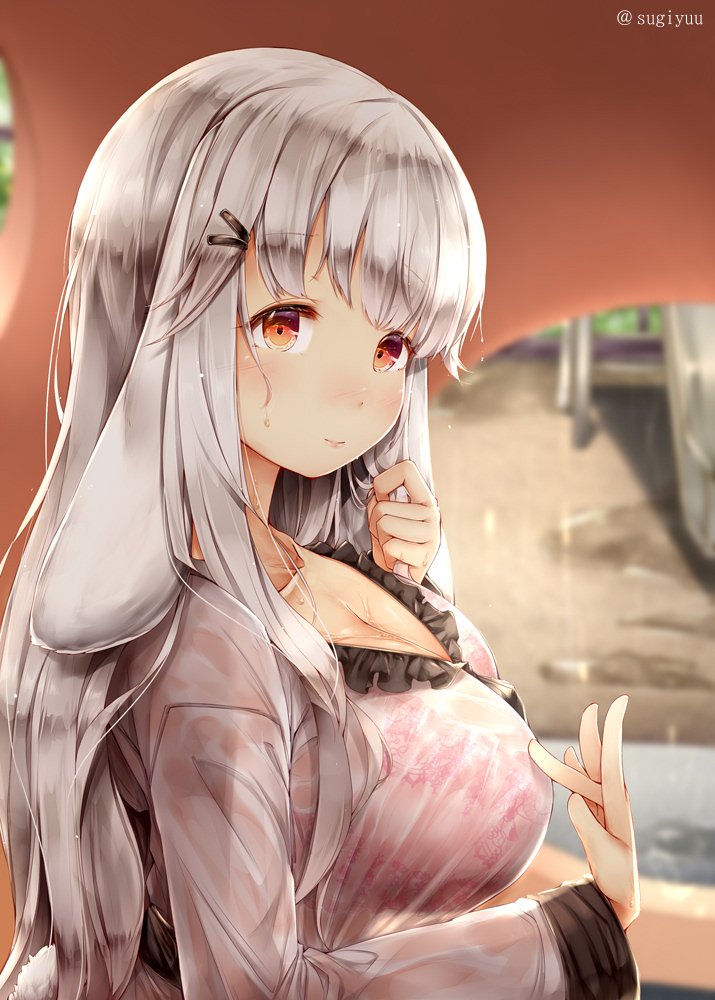 1girl animal_ears bangs blurry blurry_background blush bra breasts brown_eyes bunny_tail cleavage closed_mouth collarbone eyebrows_visible_through_hair hair_ornament hairclip hand_up large_breasts lingerie long_hair long_sleeves lop_(sugiyuu) original pink_bra pov rabbit_ears rain see-through sidelocks smile solo sugiyuu tail tareme twitter_username underwear upper_body very_long_hair wet wet_clothes white_hair