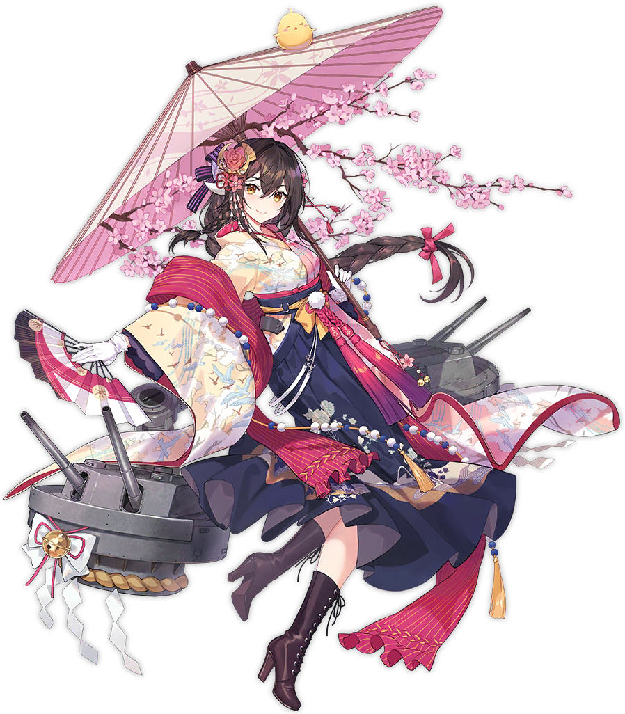 1girl alternate_costume azur_lane bangs blush boots braid breasts brown_footwear brown_hair cannon cherry_blossoms closed_mouth criin cross-laced_footwear eyebrows_visible_through_hair full_body gloves hair_between_eyes hair_ornament hair_ribbon high_heel_boots high_heels holding holding_umbrella horns lace-up_boots long_hair long_sleeves looking_at_viewer medium_breasts mikasa_(azur_lane) official_art oriental_umbrella pink_ribbon ribbon rigging side_braid single_braid smile solo star star-shaped_pupils symbol-shaped_pupils turret umbrella watermark white_gloves wide_sleeves