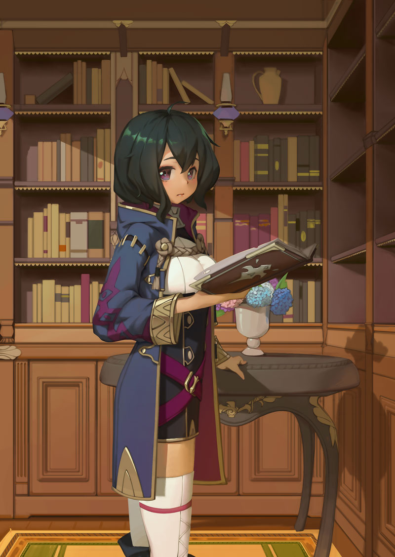 1girl ahoge black_footwear black_hair book bookshelf boots breasts cloak cowboy_shot day dress expressionless fire_emblem fire_emblem:_kakusei flower indoors looking_at_viewer mark_(female)_(fire_emblem) medium_breasts nintendo rug shadow short_dress short_hair solo standing thigh-highs thighs vase violet_eyes white_legwear wide_sleeves wooden_floor zettai_ryouiki zxc00016