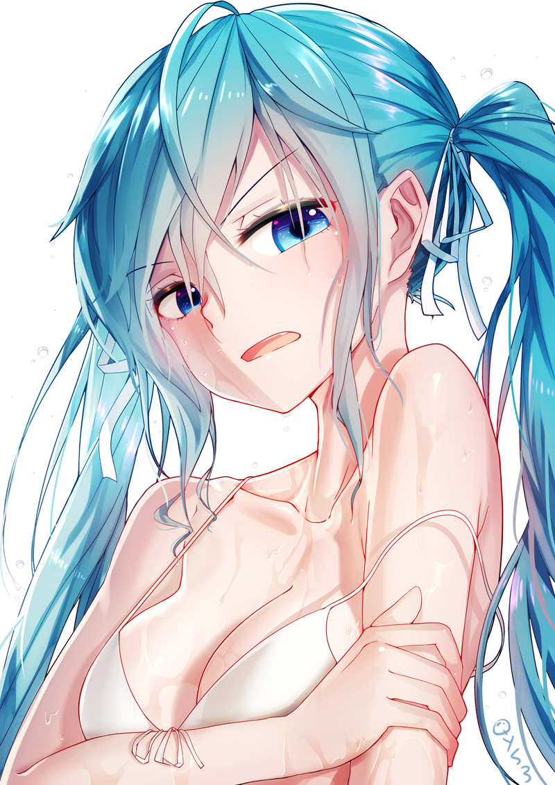 1girl ahoge bai_yemeng bare_shoulders bikini bikini_top blue_eyes blush breasts cleavage collarbone commentary_request hair_ribbon hand_on_own_arm hatsune_miku long_hair looking_at_viewer medium_breasts open_mouth revision ribbon signature simple_background solo strap_gap strap_slip swimsuit twintails upper_body vocaloid water_drop wet white_background white_bikini white_ribbon