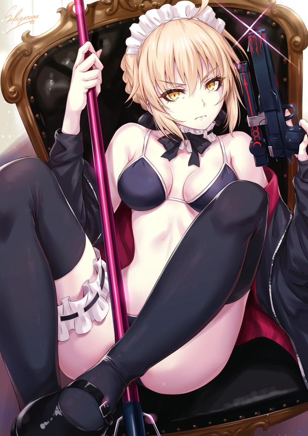 1girl ahoge apron artoria_pendragon_(all) artoria_pendragon_(swimsuit_rider_alter) bangs bikini black_bikini black_footwear black_jacket black_legwear blonde_hair braid breasts broom chair detached_collar expressionless eyebrows_visible_through_hair fate/grand_order fate/stay_night fate_(series) frills gun handgun highres holding holding_broom holding_gun holding_weapon jacket leg_garter looking_at_viewer maid_bikini maid_headdress mary_janes medium_breasts navel open_clothes pistol ribbon saber_alter sakiyamama shoes short_hair sitting solo swimsuit thigh-highs tsurime v-shaped_eyebrows weapon yellow_eyes