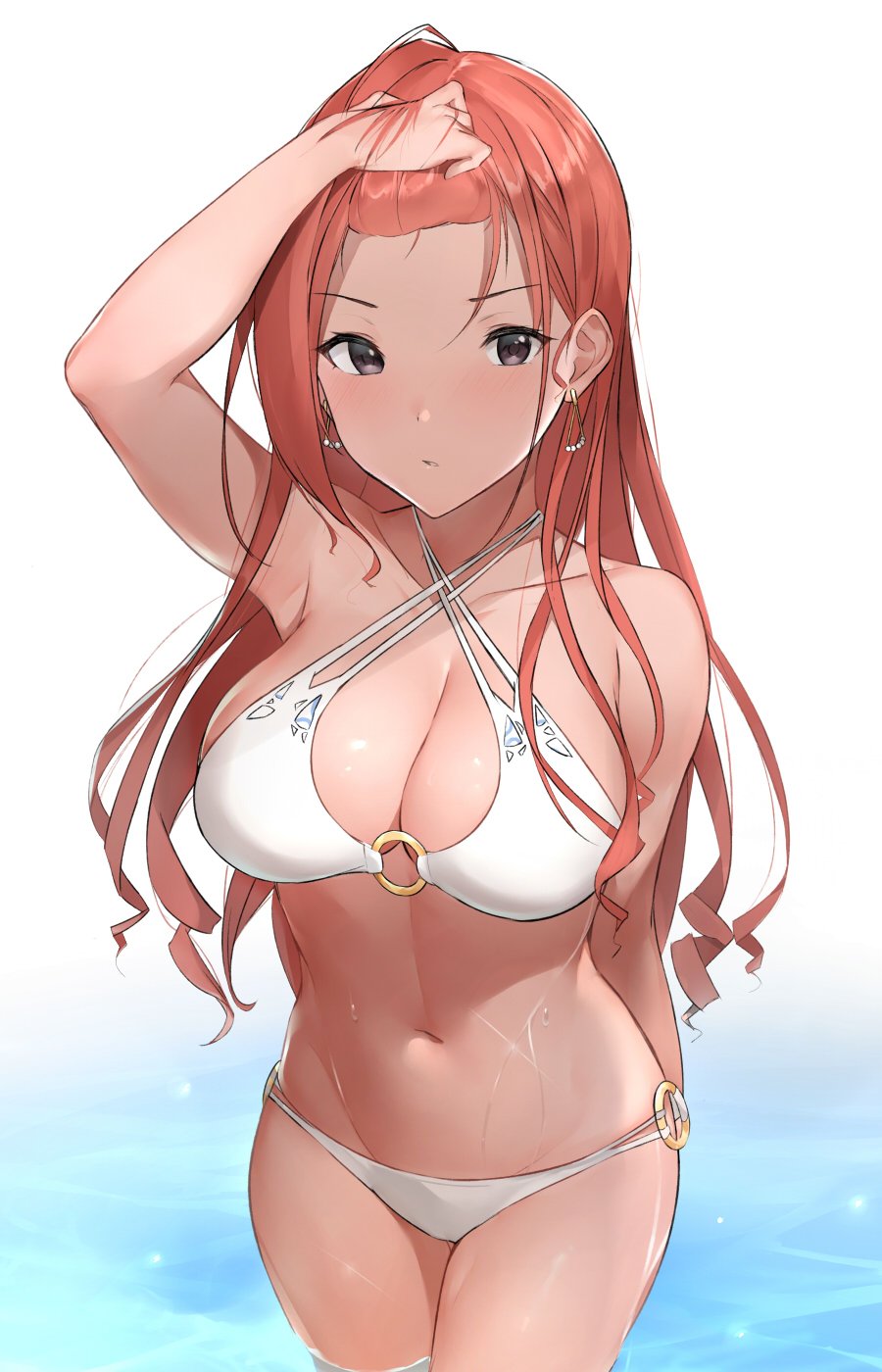 1girl arisugawa_natsuha bangs bikini black_eyes blush breasts brown_hair cleavage collarbone eyebrows_visible_through_hair highres idolmaster idolmaster_shiny_colors jewelry large_breasts long_hair looking_at_viewer navel nnoelllll o-ring o-ring_bikini o-ring_bottom o-ring_top open_mouth redhead solo swimsuit white_bikini