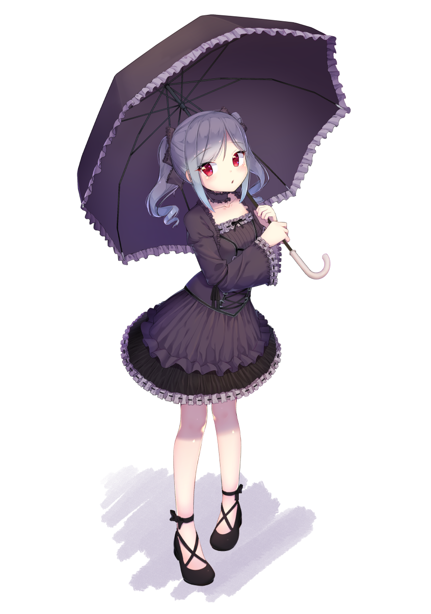 1girl black_dress black_footwear black_umbrella blush breasts collarbone commentary dress drill_hair eyebrows_visible_through_hair gothic_lolita grey_hair hair_ribbon highres holding holding_umbrella idolmaster idolmaster_cinderella_girls kanzaki_ranko lolita_fashion long_hair looking_at_viewer medium_breasts open_mouth pantyhose raizen_(jung_0000) red_eyes ribbon silver_hair simple_background solo twin_drills twintails umbrella white_background white_legwear