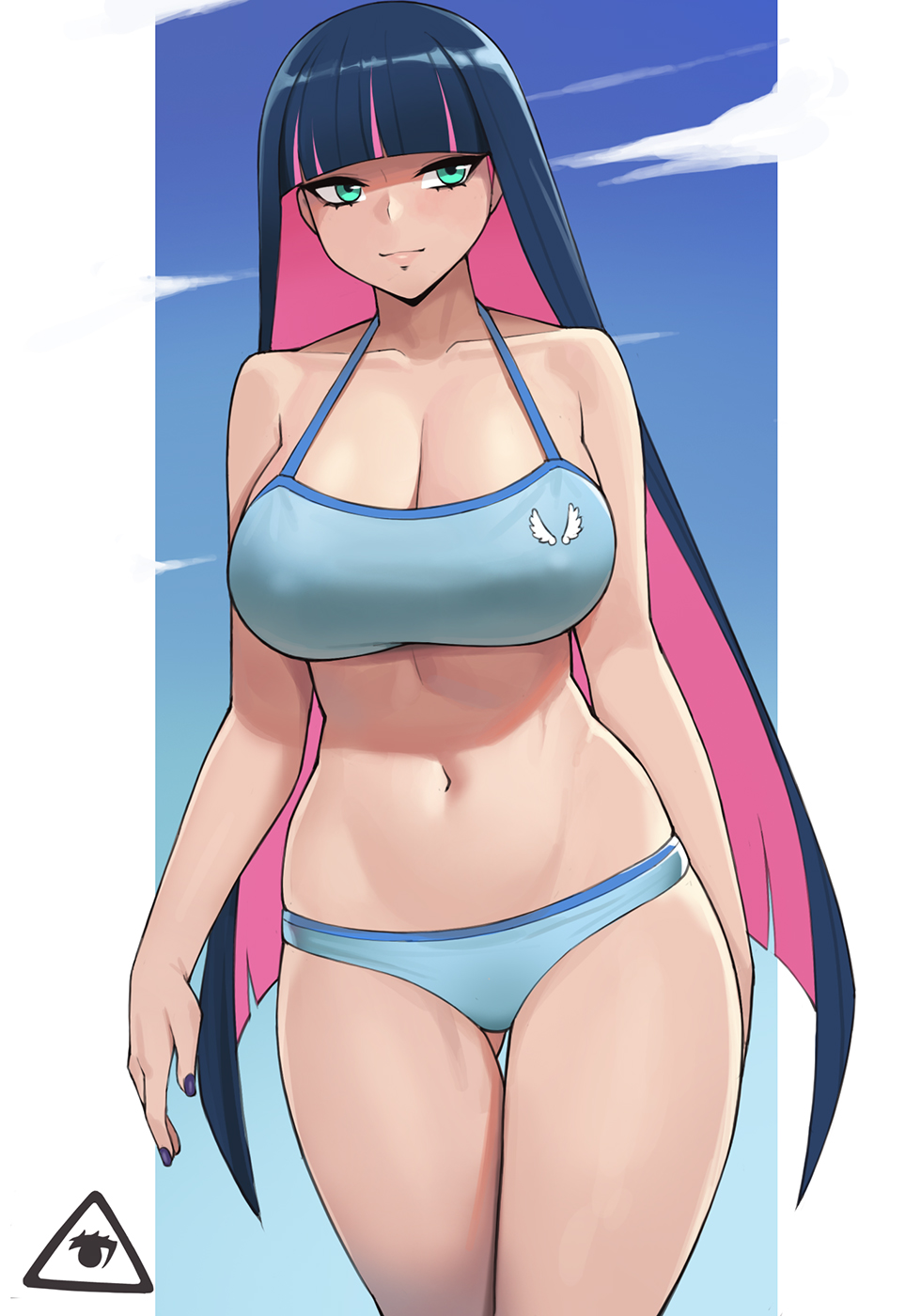 1girl arm_behind_back ass_visible_through_thighs bare_shoulders blue_sky blue_sports_bra breasts closed_mouth clouds collarbone commentary covered_nipples donburi_(donburikazoku) highres large_breasts long_hair multicolored_hair nail_polish navel panty_&amp;_stocking_with_garterbelt pink_hair purple_nails shiny shiny_hair sky solo sports_bra standing stocking_(psg) thigh_gap thighs two-tone_hair