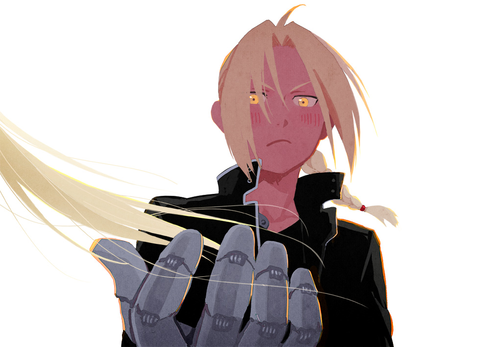 1boy 1girl :/ ahoge automail bangs black_jacket blonde_hair blush braid close-up edward_elric floating_hair frown fullmetal_alchemist hair_over_one_eye hanayama_(inunekokawaii) hand_up jacket long_hair long_sleeves out_of_frame outstretched_hand serious short_bangs simple_background upper_body v-shaped_eyebrows very_long_hair white_background winry_rockbell yellow_eyes