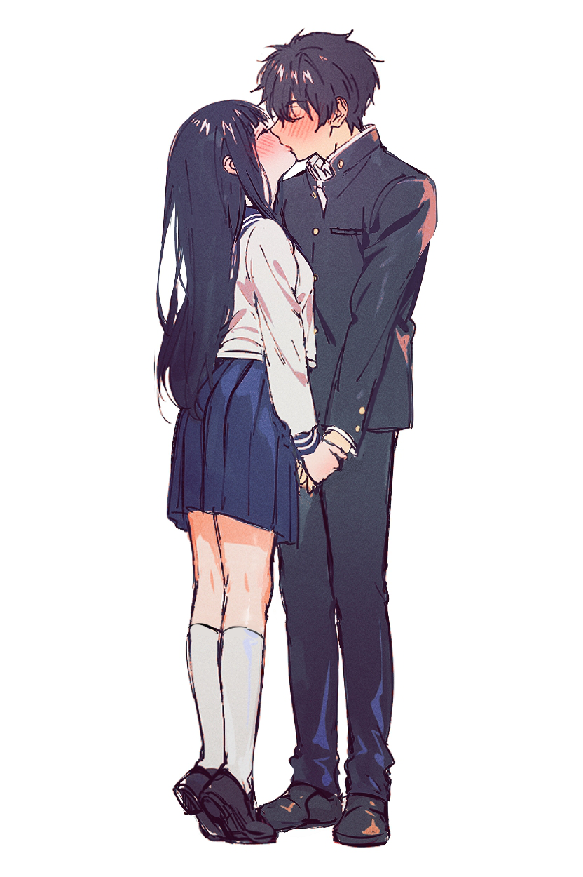 1boy 1girl black_footwear black_hair black_sailor_collar black_skirt blush chitanda_eru closed_eyes couple full_body gakuran hand_holding hetero highres hyouka kiss loafers long_hair mery_(apfl0515) oreki_houtarou pleated_skirt sailor_collar school_uniform serafuku shoes simple_background skirt standing tiptoes white_background