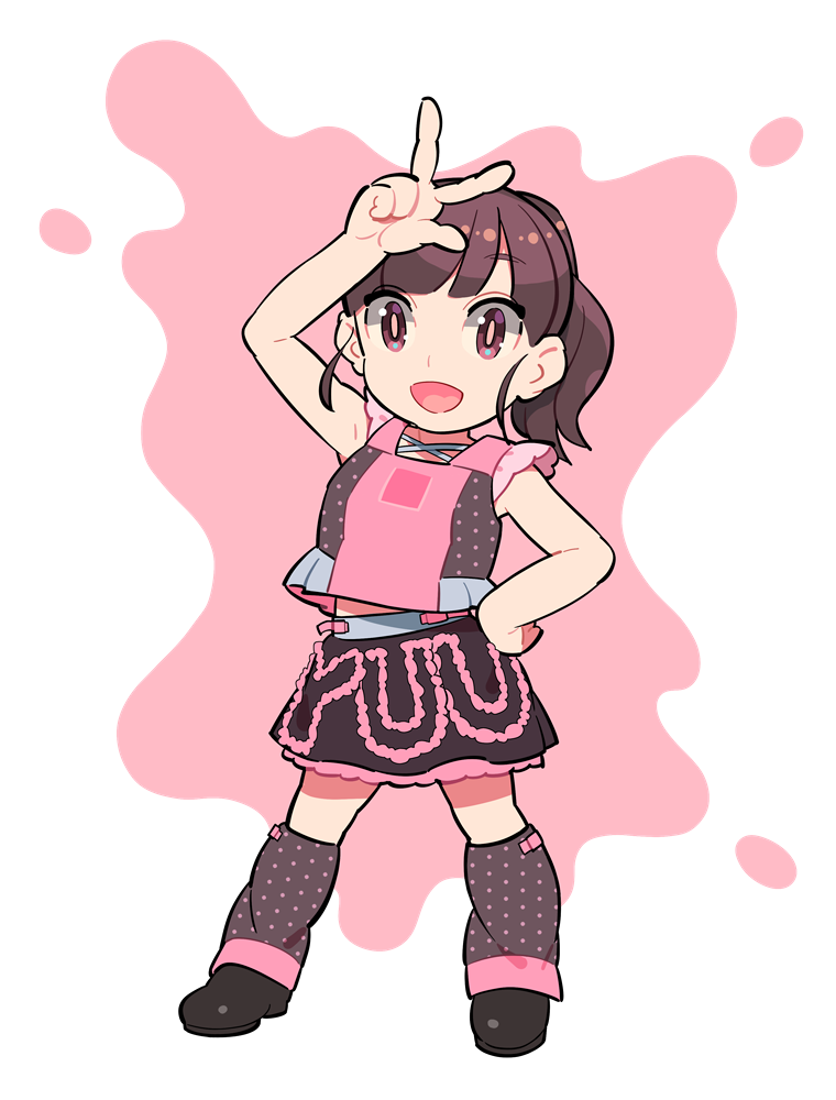 1girl arm_up bangs black_footwear brown_hair copyright_request full_body hand_on_hip idol leg_warmers looking_at_viewer nobile1031 open_mouth pink_eyes pink_shirt pink_skirt ponytail shirt shoes skirt sleeveless smile solo w
