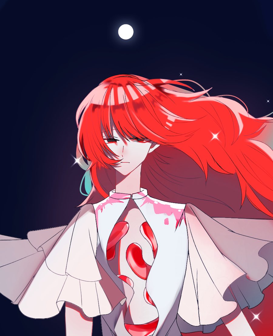 1other alternate_costume androgynous crystal_hair full_moon gem houseki_no_kuni long_hair looking_at_viewer moon night open_clothes padparadscha_(houseki_no_kuni) red_eyes redhead sad solo spoilers upper_body wavy_hair wide_sleeves