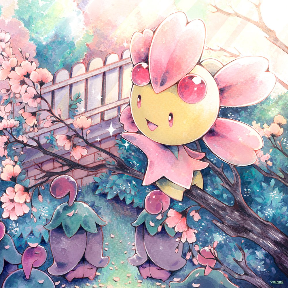 bush caomor cherrim cherry_blossoms closed_eyes commentary creatures_(company) fence flower game_freak gen_4_pokemon light_rays nintendo no_humans open_mouth outdoors pink_flower pokemon pokemon_(creature) smile sunbeam sunlight symbol_commentary traditional_media tree tree_branch watercolor_(medium)