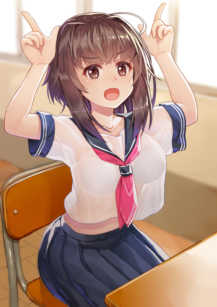 1girl :d ahoge arms_up blue_sailor_collar blue_skirt blurry bra breasts brown_eyes brown_hair chair collarbone commentary_request crop_top crop_top_overhang day depth_of_field desk fang finger_horns hair_intakes indoors kibanda_gohan large_breasts long_hair looking_at_viewer midriff neckerchief open_mouth original pink_neckwear pleated_skirt sailor_collar school_chair school_desk school_uniform see-through serafuku shirt short_sleeves sitting skirt smile solo underwear white_bra white_shirt window