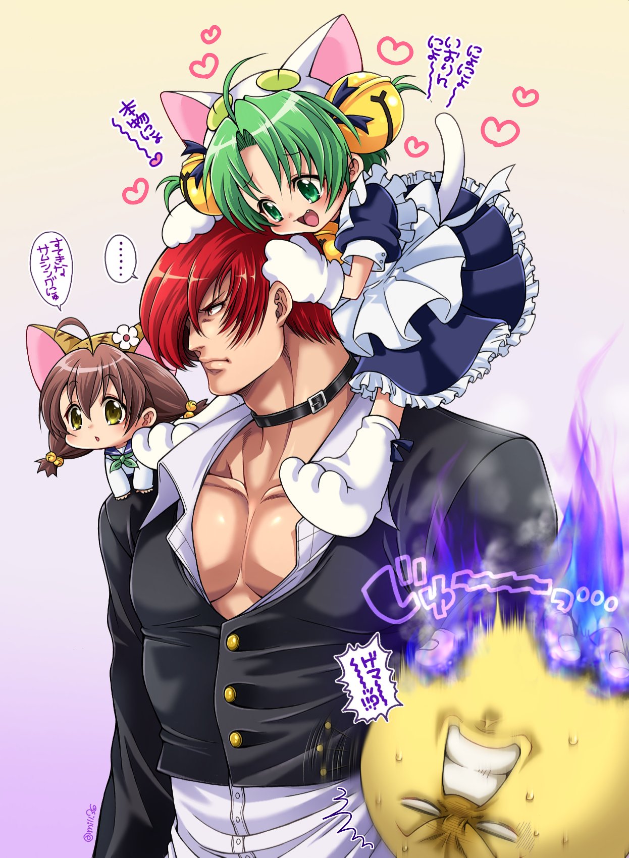 1boy 2girls animal_ears bell blush cat_ears choker dejiko di_gi_charat gema green_eyes green_hair hair_ornament heart highres jingle_bell miru_(mill_36) multiple_girls puchiko redhead short_hair snk tail the_king_of_fighters yagami_iori