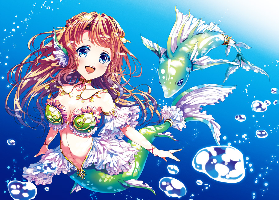 1girl blue_eyes breasts bubble fish long_hair medium_breasts mermaid monster_girl orange_hair original smile solo underwater yukiuta_sahiro