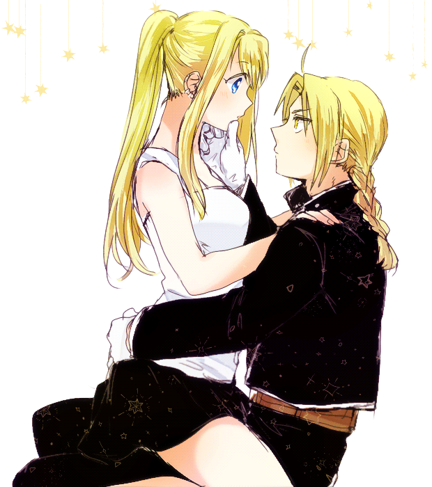 1boy 1girl ahoge bangs bare_arms bare_shoulders belt black_jacket black_pants black_skirt blonde_hair blue_eyes braid edward_elric expressionless eye_contact eyebrows_visible_through_hair fingernails fullmetal_alchemist gloves hand_on_another's_hip hand_on_another's_shoulder jacket long_hair looking_at_another pants ponytail profile shirt simple_background sitting sitting_on_lap sitting_on_person skirt sleeveless sleeveless_shirt star starry_background thighs tsukuda0310 white_background white_gloves white_shirt winry_rockbell yellow_eyes
