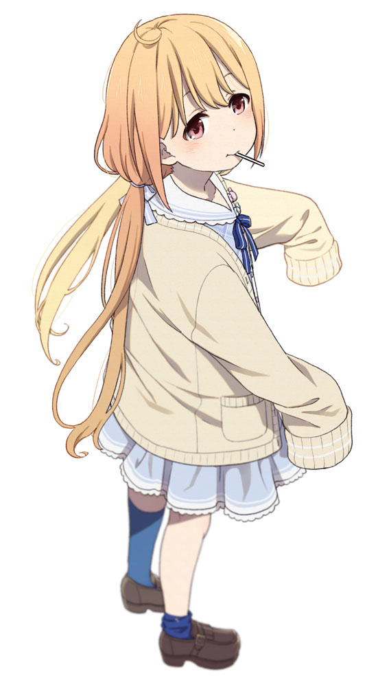 1girl ahoge blonde_hair blush brown_eyes candy cardigan dress food full_body futaba_anzu idolmaster idolmaster_cinderella_girls idolmaster_cinderella_girls_starlight_stage loafers lollipop long_hair long_sleeves looking_at_viewer low_twintails mattaku_mousuke mouth_hold neck_ribbon open_cardigan open_clothes ribbon shoes simple_background sleeves_past_fingers sleeves_past_wrists socks solo twintails white_background