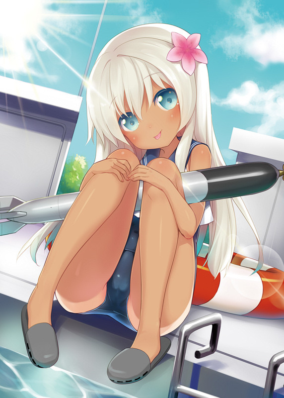 1girl :p ass blue_eyes crop_top eyebrows_visible_through_hair flower full_body hair_flower hair_ornament hands_on_own_knees head_tilt holding kantai_collection legs lifebuoy long_hair minamura_haruki one-piece_swimsuit one-piece_tan outdoors pool pool_ladder poolside ro-500_(kantai_collection) sailor_collar school_swimsuit school_uniform serafuku sitting slippers solo sun sunlight swimsuit swimsuit_under_clothes tan tanline tongue tongue_out torpedo water