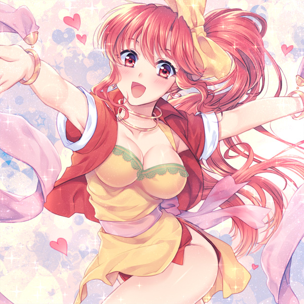 1girl awayuki_ramika blush bow bracelet breasts cleavage cowboy_shot dancer dress feena_(fire_emblem) fire_emblem fire_emblem:_mystery_of_the_emblem hair_bow heart jacket jewelry long_hair looking_at_viewer medium_breasts neck_ring nintendo open_mouth outstretched_arms patterned_background ponytail red_eyes redhead sash short_dress short_sleeves smile solo sparkle thighs