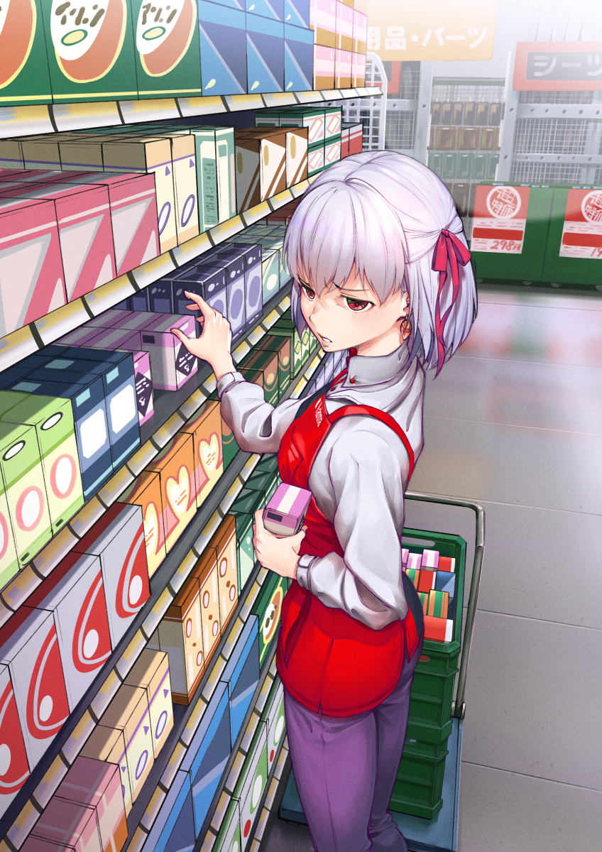 1girl apron bangs box breasts cart casual collared_shirt earrings fate/grand_order fate_(series) glaring hair_ribbon highres holding indoors jewelry kama_(fate/grand_order) looking_at_viewer medium_breasts munakata pants parted_lips purple_pants red_apron red_eyes red_ribbon ribbon shirt shopping shopping_basket short_hair silver_hair solo standing white_shirt
