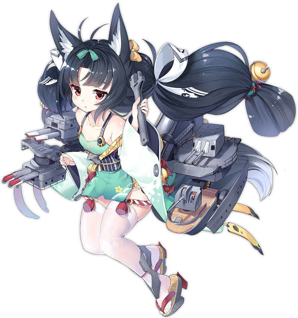 1girl :o animal_ear_fluff animal_ears antenna_hair azur_lane bare_shoulders black_hair blush bow cannon closed_eyes closed_mouth collarbone detached_sleeves dress fox_ears full_body green_bow green_dress green_sleeves grey_background hair_bow holding holding_wrench kaede_(003591163) long_hair long_sleeves looking_at_viewer machinery nose_blush official_art parted_lips red_eyes remodel_(azur_lane) rudder_footwear short_dress sleeveless sleeveless_dress sleeves_past_wrists smile thigh-highs transparent_background turret twintails very_long_hair white_legwear wide_sleeves wrench yellow_bow yuubari_(azur_lane) zouri