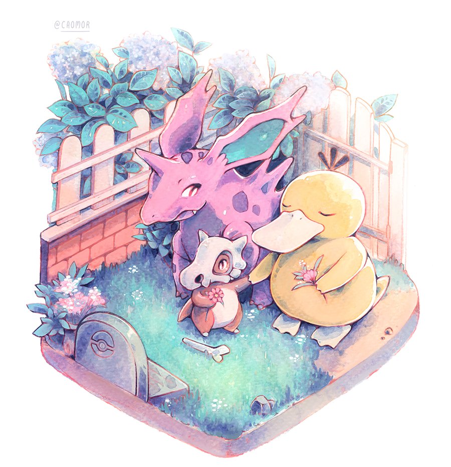 bone caomor closed_eyes commentary creatures_(company) cubone english_commentary fence flower game_freak gen_1_pokemon grave hand_holding holding holding_flower nidoran nintendo no_humans pink_flower plant pokemon psyduck simple_background tombstone traditional_media twitter_username watercolor_(medium) white_background