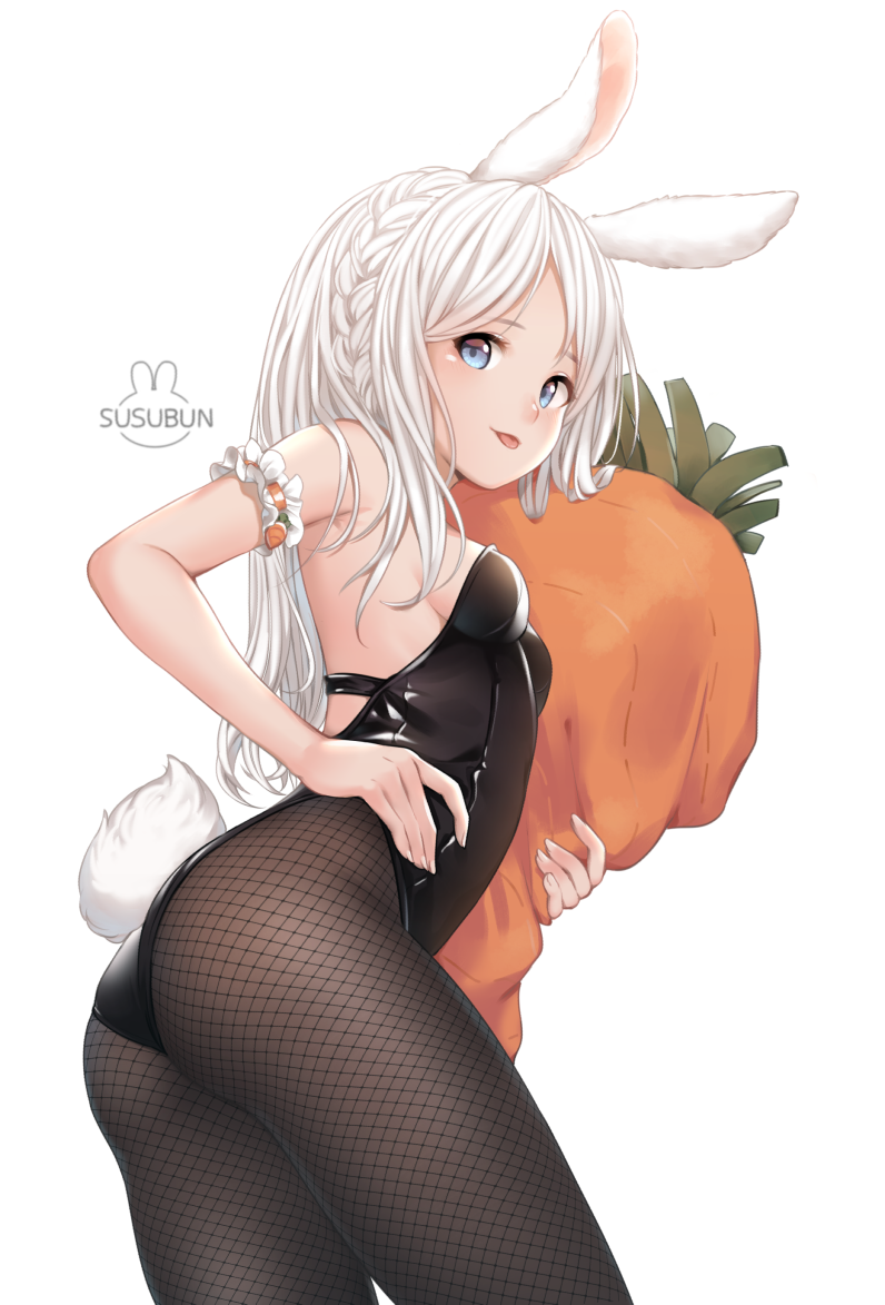 :p animal_ears ass bare_shoulders black_legwear black_leotard blue_eyes braid breasts bunny_tail bunnysuit carrot fishnet_pantyhose fishnets from_behind hand_on_hip leotard long_hair looking_back object_hug original pantyhose rabbit_ears small_breasts smile strapless strapless_leotard stuffed_toy susukitten tail tongue tongue_out white_hair