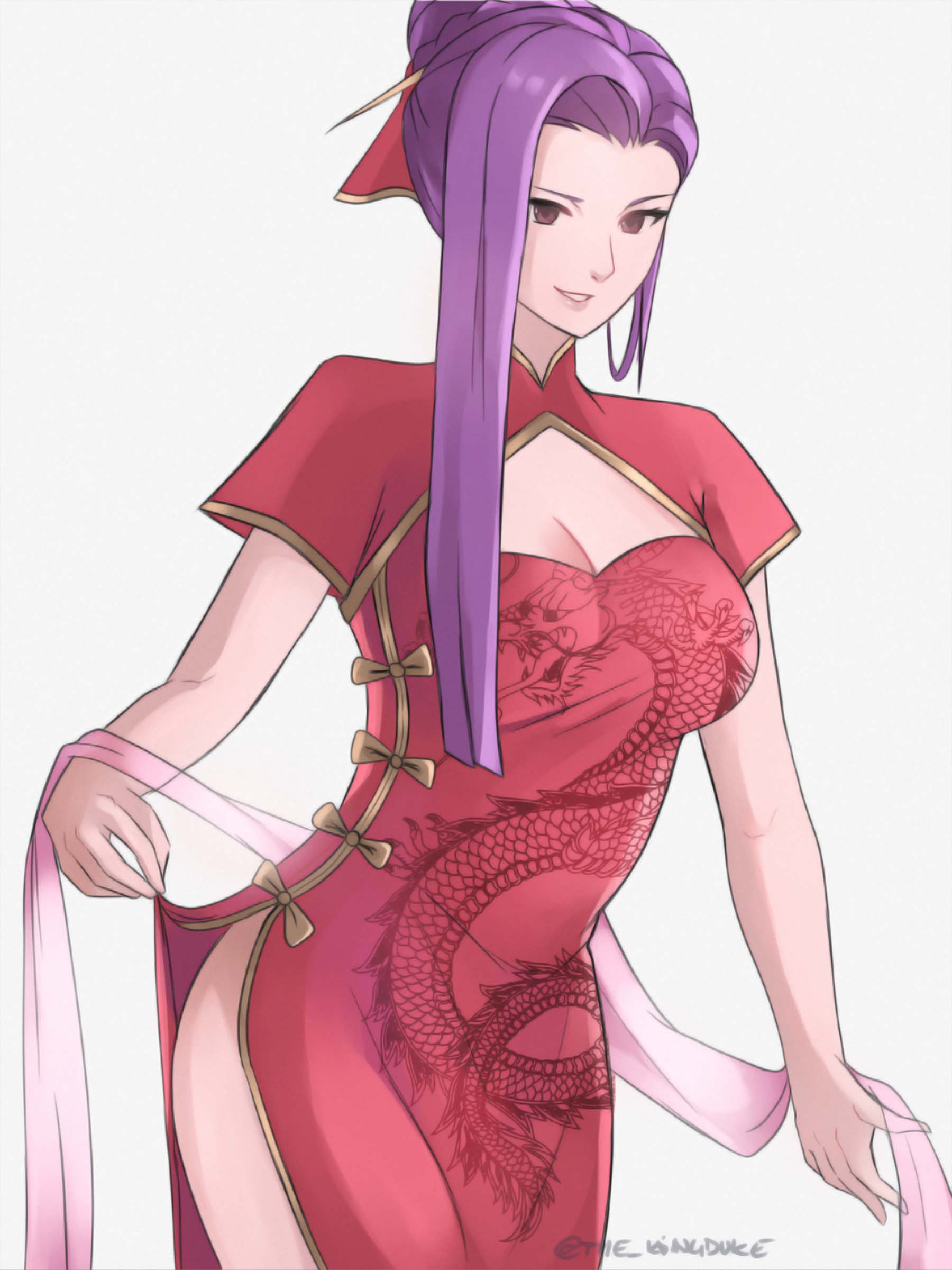 1girl absurdres alternate_costume alternate_hairstyle breasts brown_eyes china_dress chinese_clothes cleavage dress fire_emblem fire_emblem_echoes:_mou_hitori_no_eiyuuou highres large_breasts long_hair nintendo parted_lips purple_hair side_slit simple_background smile solo sonia_(fire_emblem_gaiden) standing the_kingduke twitter_username white_background