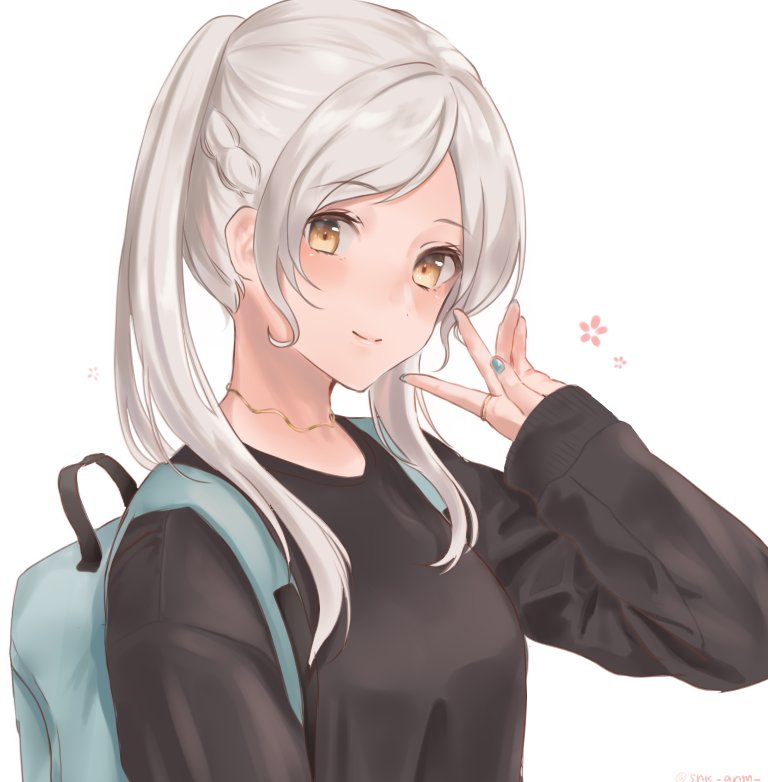 1girl alternate_costume backpack bag closed_mouth female_my_unit_(fire_emblem:_kakusei) fire_emblem fire_emblem:_kakusei long_sleeves my_unit_(fire_emblem:_kakusei) nail_polish nintendo simple_background smile snk_anm solo twintails upper_body white_background white_hair yellow_eyes