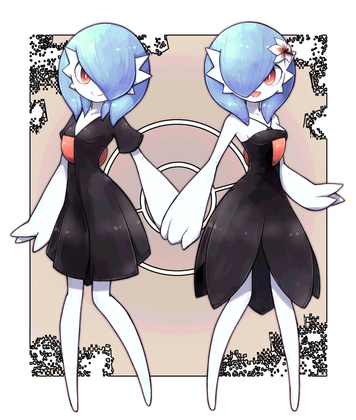 2girls alternate_color bare_shoulders black_dress blue_hair breasts cleavage creatures_(company) dress flower game_freak gardevoir gen_3_pokemon hair_flower hair_ornament hair_over_one_eye hand_holding highres lamb-oic029 looking_at_viewer medium_hair multiple_girls nintendo open_mouth pale_skin poke_ball_symbol pokemon red_eyes shiny shiny_clothes shiny_hair shiny_pokemon short_dress sideboob smile standing
