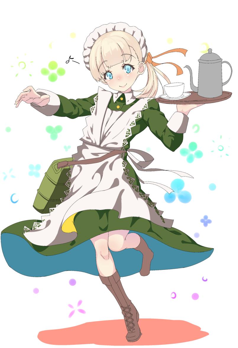 1girl alternate_costume apron bag bangs blonde_hair blue_eyes blunt_bangs boots brown_footwear commentary_request cross-laced_footwear cup dress enmaided floral_background frilled_apron frills full_body green_dress hair_ornament hair_ribbon inu3 kantai_collection lace-up_boots long_hair looking_at_viewer maid pitcher ribbon shin'you_(kantai_collection) side_ponytail smile solo tray white_apron white_background