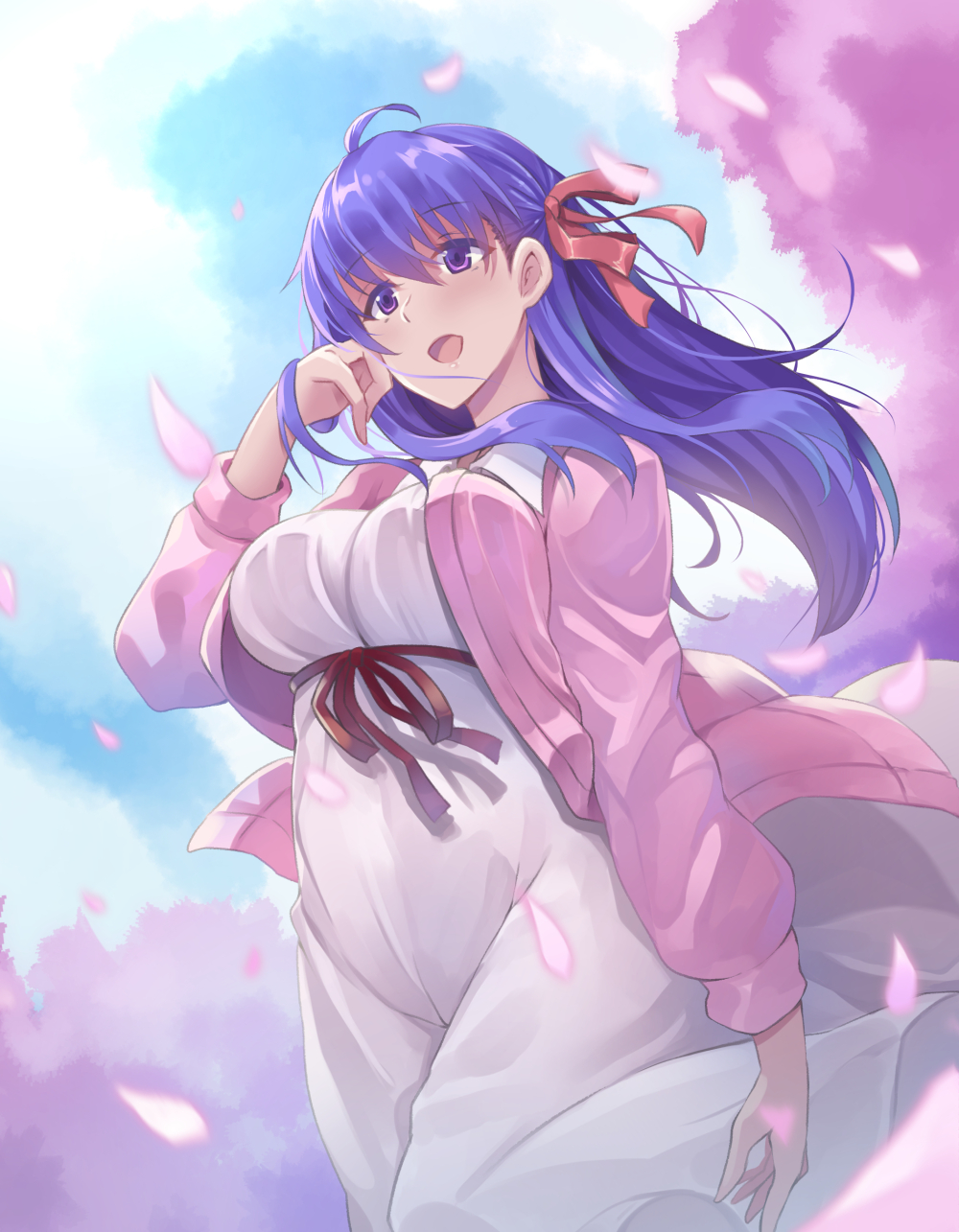 1girl :d a-na blue_sky breasts clouds eyebrows_visible_through_hair fate/stay_night fate_(series) hair_ribbon heaven's_feel highres large_breasts long_hair long_sleeves matou_sakura open_mouth outdoors petals purple_hair red_ribbon ribbon sky smile solo violet_eyes