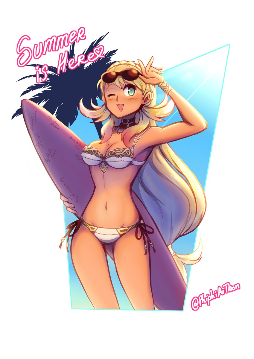 1girl bikini blonde_hair braid breasts choker cowboy_shot crown_braid english_text eyewear_on_head fire_emblem fire_emblem_heroes green_eyes hand_to_head highres intelligent_systems jewelry long_hair low-tied_long_hair medium_breasts midriff navel necklace nintendo one_eye_closed open_mouth palm_tree phiphi-au-thon sharena side-tie_bikini smile solo sunglasses sunlight surfboard swimsuit tan tree twitter_username white_bikini